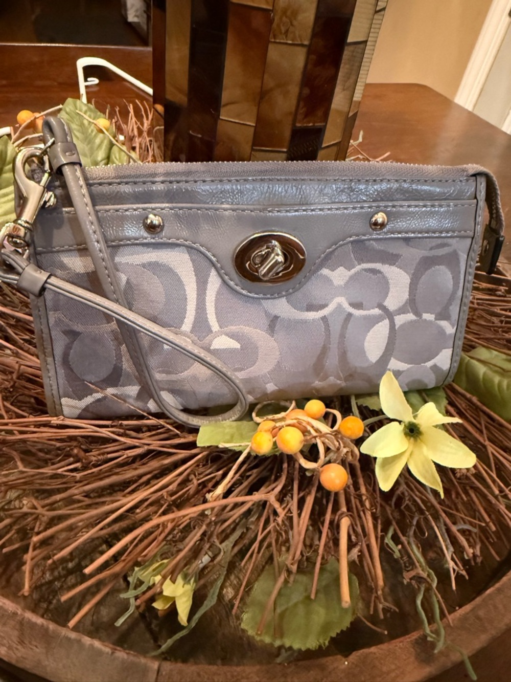 Coach Gray Signature Wristlet with Silver Turnlock